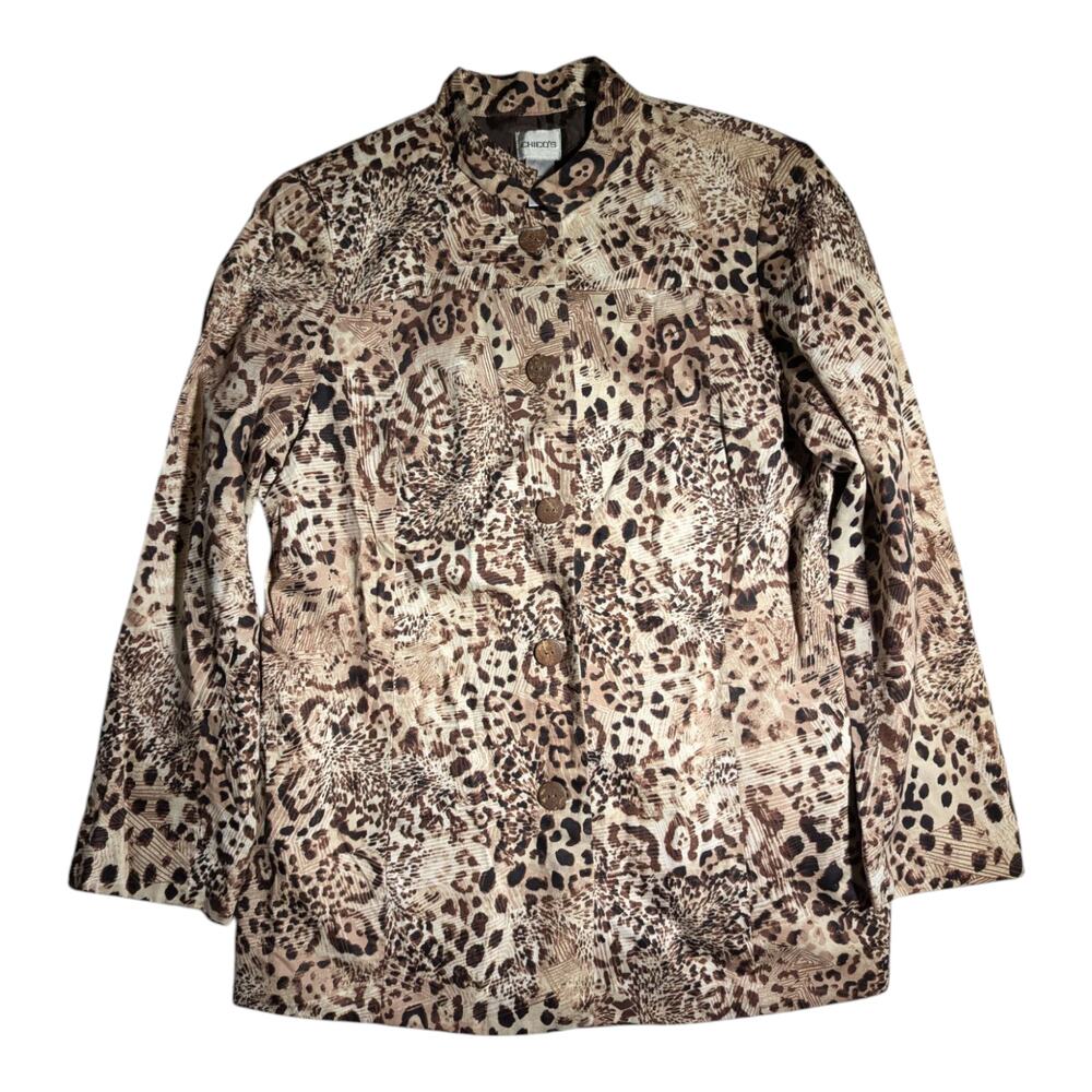 Vtg Y2K Chico's Beige Leopard Print Cotton Mandarin Collar Button Up Jacket 2 M